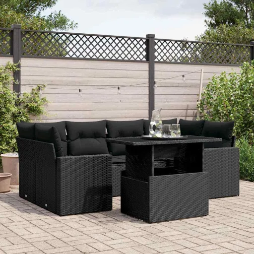 Conjunto de Sofás p/ Jardim c/ Almofadões Vime PE Preto (7 pcs)
