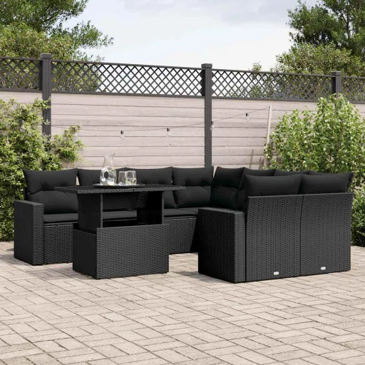 Conjunto de Sofás p/ Jardim c/ Almofadões Vime PE Preto (9 pcs)