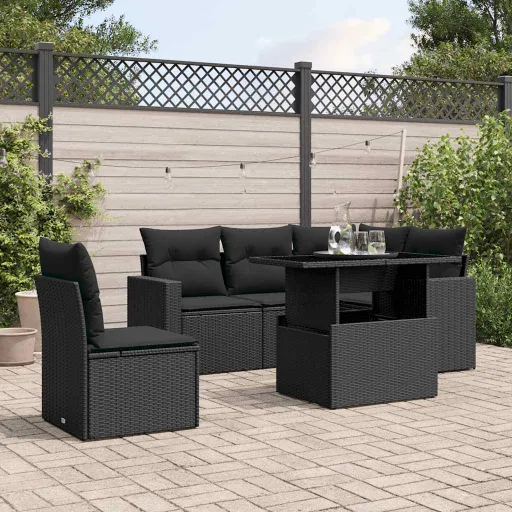 Conjunto Sofás de Jardim c/ Almofadões Vime PE Preto (6 pcs)