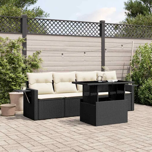 Conjunto Sofás de Jardim com Almofadões Vime PE Preto (5 pcs)