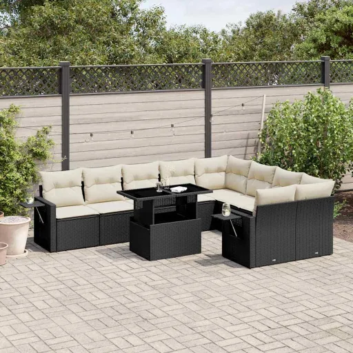 Conjunto Sofás de Jardim c/ Almofadões Vime PE Preto (10 pcs)