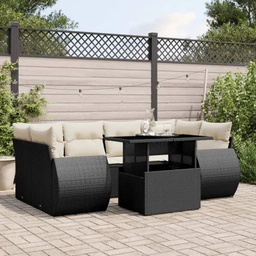 Conjunto de Sofás p/ Jardim c/ Almofadões Vime PE Preto (7 pcs)
