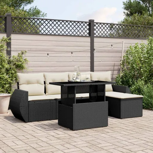 Conjunto Sofás de Jardim c/ Almofadões Vime PE Preto (6 pcs)