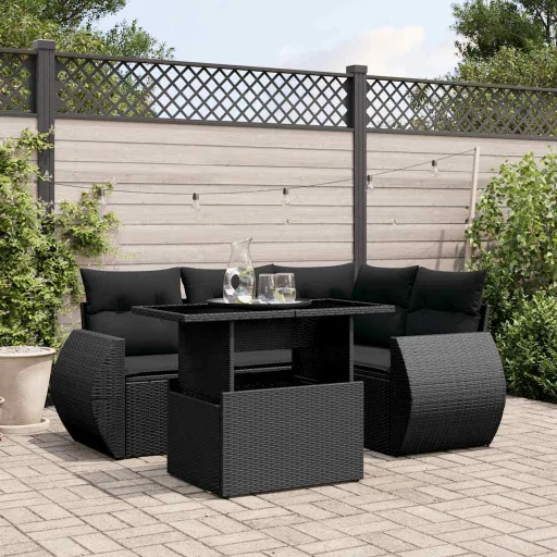 Conjunto Sofás de Jardim com Almofadões Vime PE Preto (5 pcs)