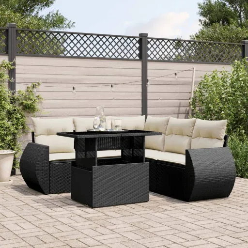Conjunto Sofás de Jardim c/ Almofadões Vime PE Preto (6 pcs)
