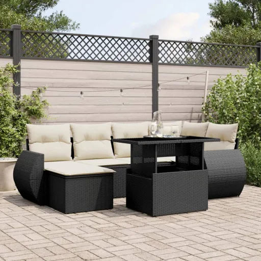 Conjunto de Sofás p/ Jardim c/ Almofadões Vime PE Preto (7 pcs)