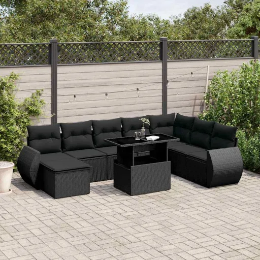 Conjunto de Sofás p/ Jardim c/ Almofadões Vime PE Preto (9 pcs)