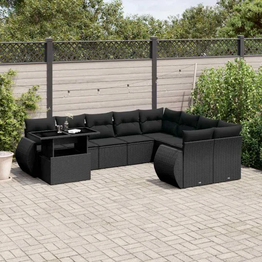 Conjunto Sofás de Jardim c/ Almofadões Vime PE Preto (10 pcs)
