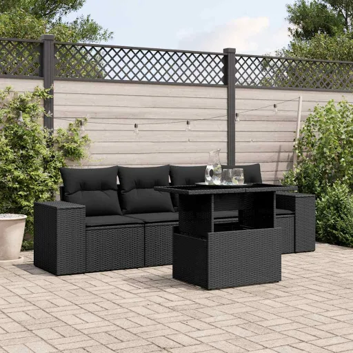 Conjunto Sofás de Jardim com Almofadões Vime PE Preto (5 pcs)