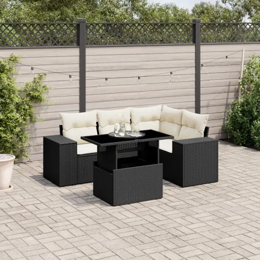 Conjunto Sofás de Jardim com Almofadões Vime PE Preto (5 pcs)