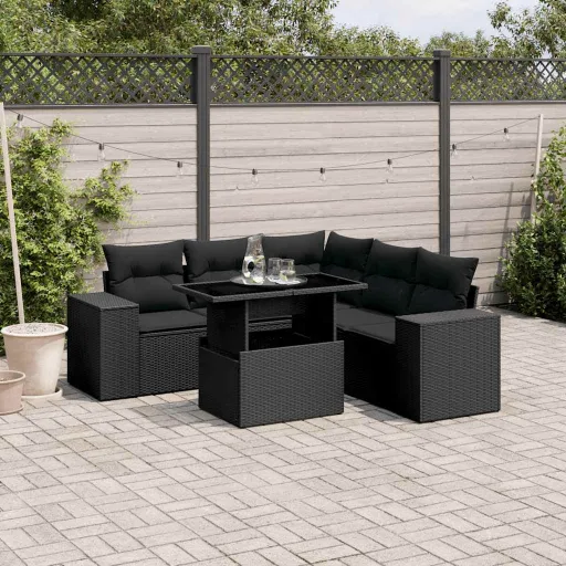 Conjunto Sofás de Jardim c/ Almofadões Vime PE Preto (6 pcs)