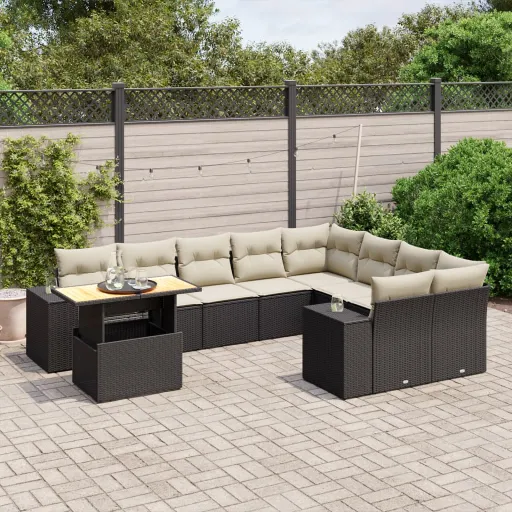 Conjunto Sofás de Jardim c/ Almofadões Vime PE Preto (10 pcs)