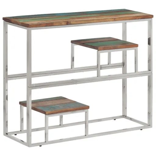 Mesa Consola Aço Inoxidável/Madeira Recuperada Maciça Prateado