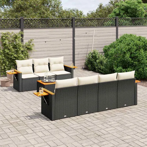Conjunto Sofás de Jardim com Almofadões Vime PE Preto (8 pcs)