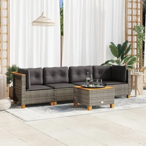 Conjunto Sofás de Jardim c/ Almofadões Vime PE Cinzento (5 pcs)