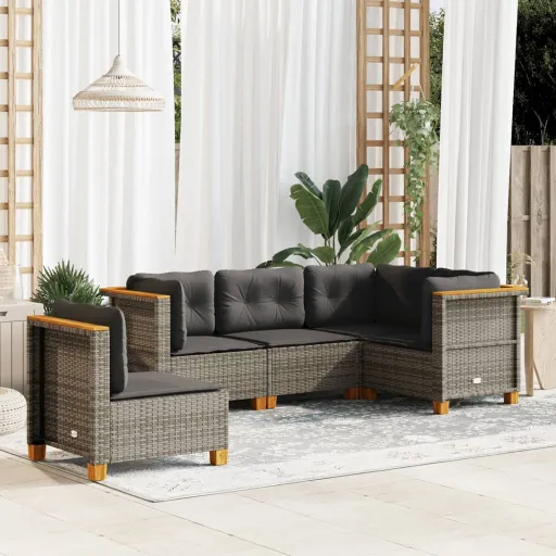 Conjunto Sofás de Jardim c/ Almofadões Vime PE Cinzento (5 pcs)