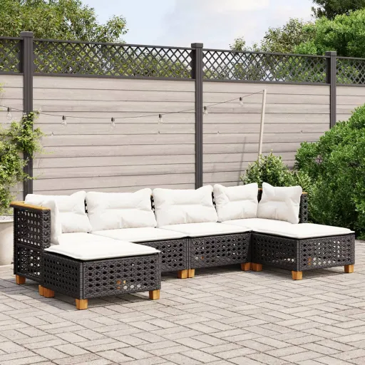 Conjunto Sofás de Jardim c/ Almofadões Vime PE Preto (6 pcs)