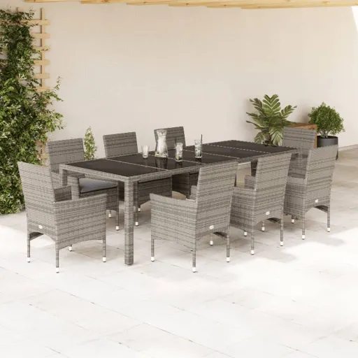 Conjunto Jantar Jardim c/ Almofadões Vime PE/Vidro Cinza (9 pcs)
