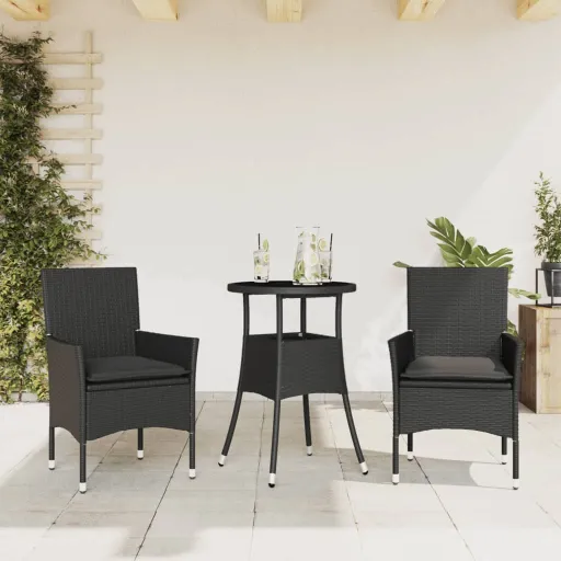 Conjunto Jantar Jardim c/ Almofadões Vime PE/Vidro Preto (3 pcs)