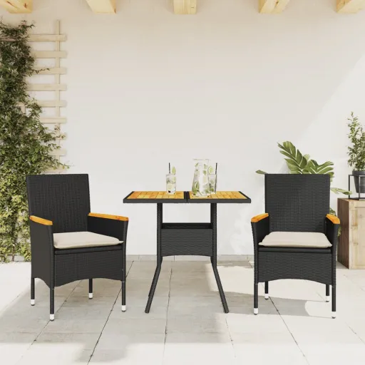 Conjunto Jantar Jardim c/ Almofadões Vime PE/Acácia Preto (3 pcs)