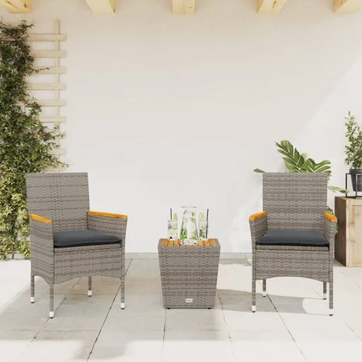 Conjunto de Bistrô com Almofadões Vime PE/Vidro Cinza (3 pcs)