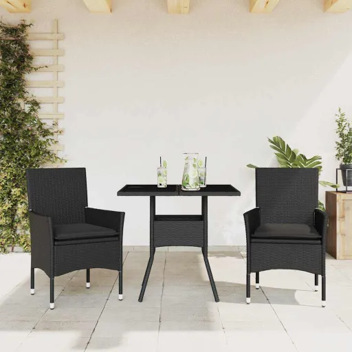 Conjunto Jantar Jardim c/ Almofadões Vime PE/Vidro Preto (3 pcs)