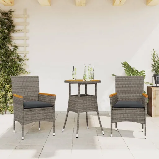 Conjunto Jantar Jardim c/ Almofadões Vime PE/Acácia Cinza (3 pcs)