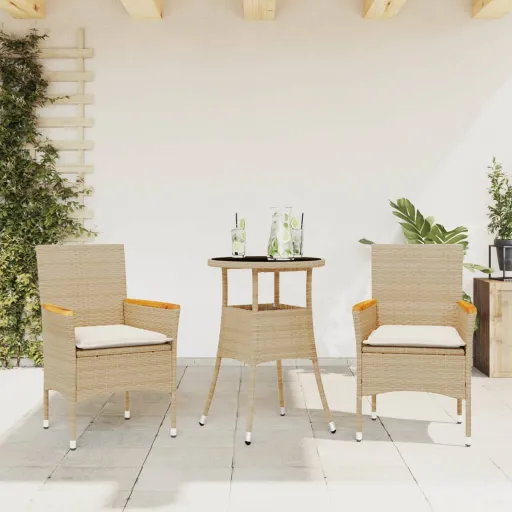 Conjunto Jantar Jardim com Almofadões Vime PE/Vidro Bege (3 pcs)