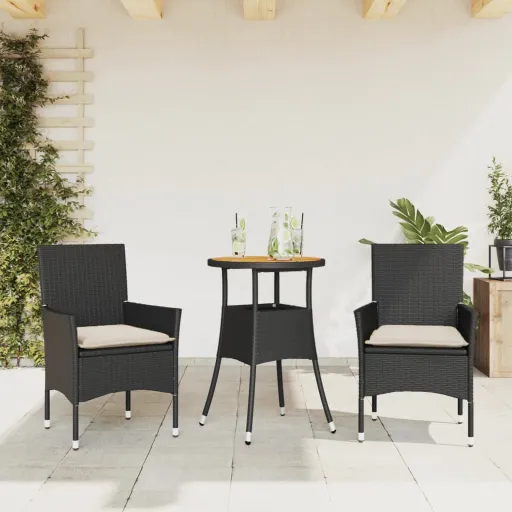 Conjunto Jantar Jardim c/ Almofadões Vime PE/Acácia Preto (3 pcs)