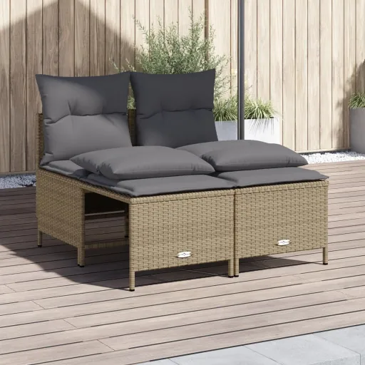 Conjunto de Sofás para Jardim c/ Almofadões Vime PE Bege (4 pcs)