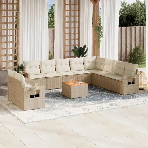 Conjunto Sofás de Jardim c/ Almofadões Vime PE Bege (11 pcs)