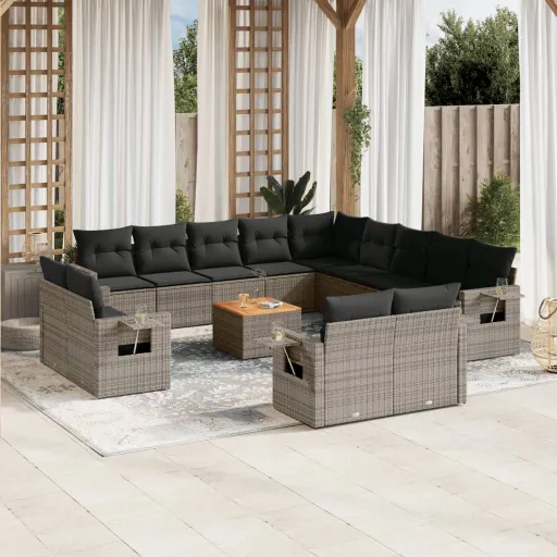 Conjunto Sofás p/ Jardim c/ Almofadões Vime PE Cinzento (14 pcs)