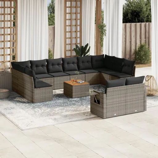 Conjunto Sofás p/ Jardim c/ Almofadões Vime PE Cinzento (13 pcs)