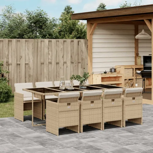 Conjunto de Jantar p/ Jardim com Almofadões Vime PE Bege (9 pcs)