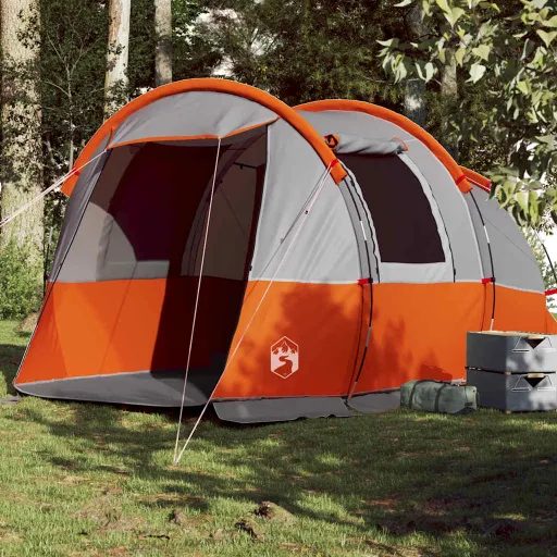 Tenda de Campismo Túnel p/ 4 Pessoas Impermeável Cinza/Laranja