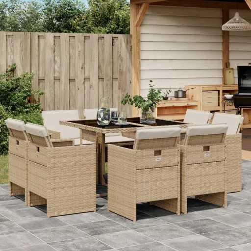 Conjunto de Jantar p/ Jardim com Almofadões Vime PE Bege (9 pcs)