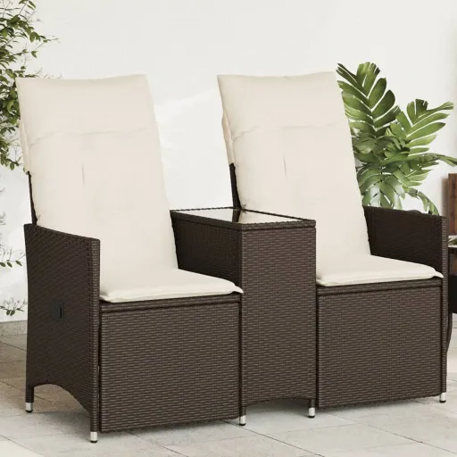 Sofá de Jardim Reclinável 2 Lugares com Mesa Vime PE Castanho