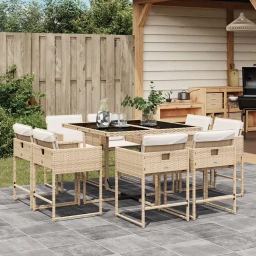 Conjunto de Jantar p/ Jardim com Almofadões Vime PE Bege (9 pcs)