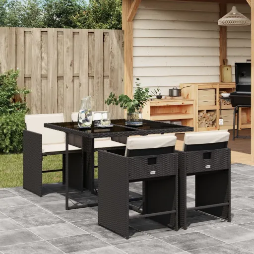 Conjunto de Jantar p/ Jardim c/ Almofadões Vime PE Preto (5 pcs)