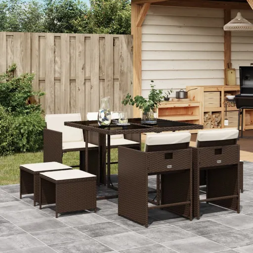 Conjunto Jantar p/ Jardim c/ Almofadões Vime PE Castanho (9 pcs)
