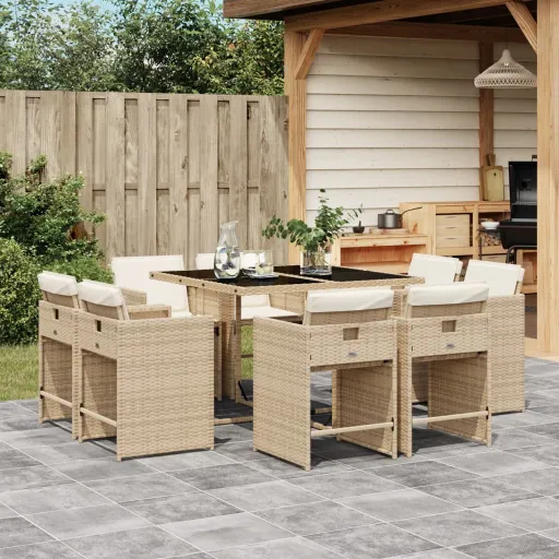Conjunto de Jantar p/ Jardim com Almofadões Vime PE Bege (9 pcs)