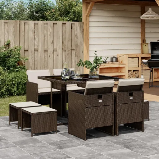 Conjunto Jantar p/ Jardim c/ Almofadões Vime PE Castanho (9 pcs)