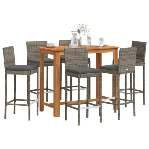 Conjunto de Bar p/ Jardim Acácia Maciça/Vime PE Cinzento (7 pcs)