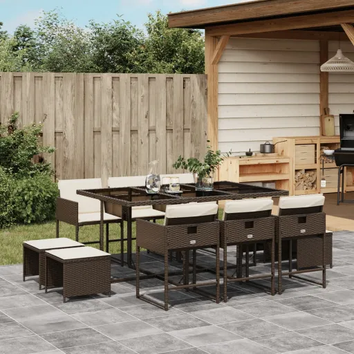 Conjunto Jantar p/ Jardim c/ Almofadões Vime PE Castanho (11 pcs)