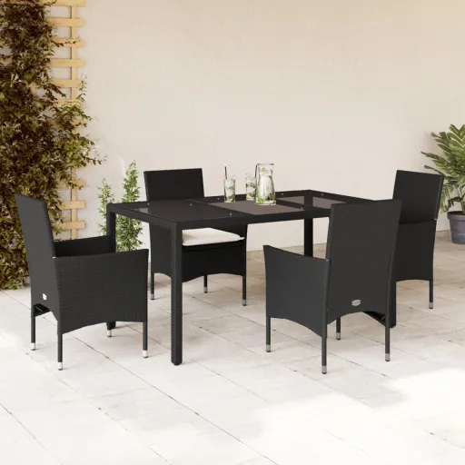 Conjunto Jantar Jardim c/ Almofadões Vime PE/Vidro Preto (5 pcs)