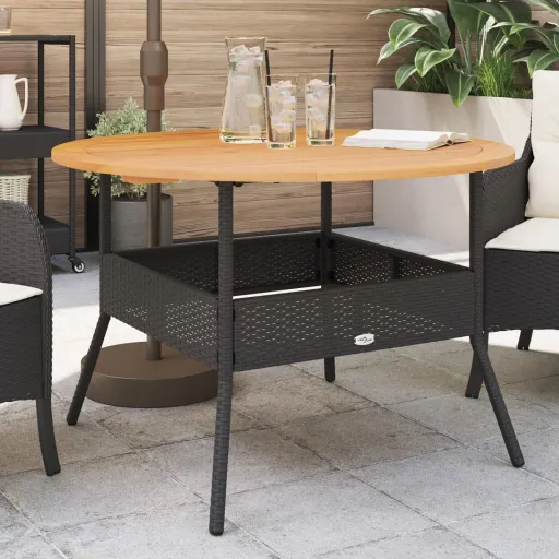 Mesa de Jardim com Tampo de Acácia Ø110x71 cm Vime PE Preto