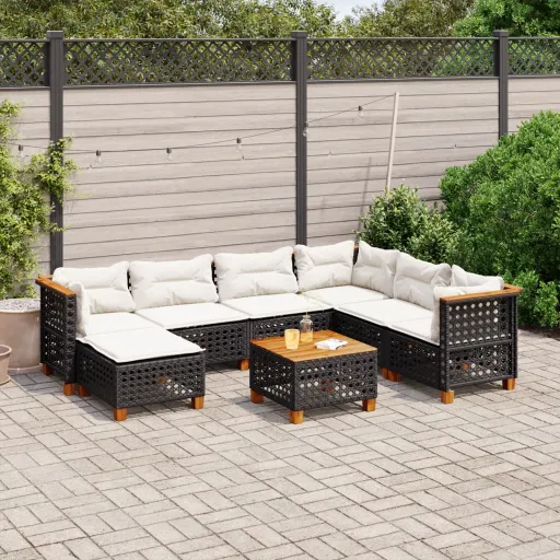 Conjunto Sofás de Jardim com Almofadões Vime PE Preto (8 pcs)