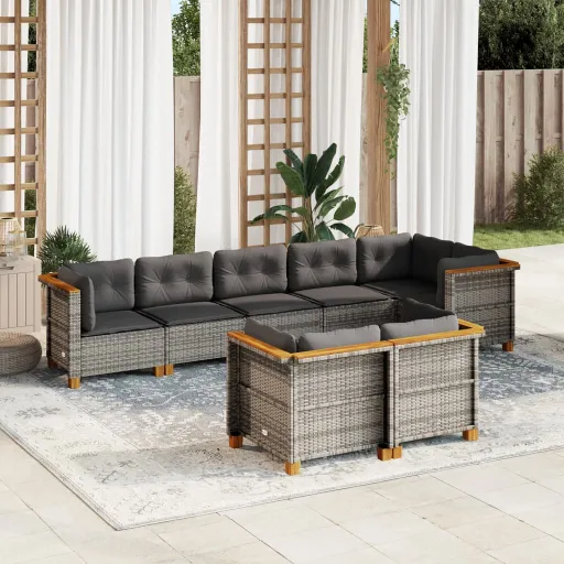 Conjunto Sofás de Jardim c/ Almofadões Vime PE Cinzento (8 pcs)