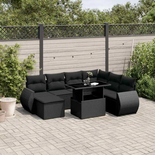 Conjunto Sofás de Jardim com Almofadões Vime PE Preto (8 pcs)