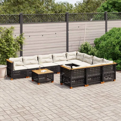 Conjunto Sofás de Jardim c/ Almofadões Vime PE Preto (11 pcs)